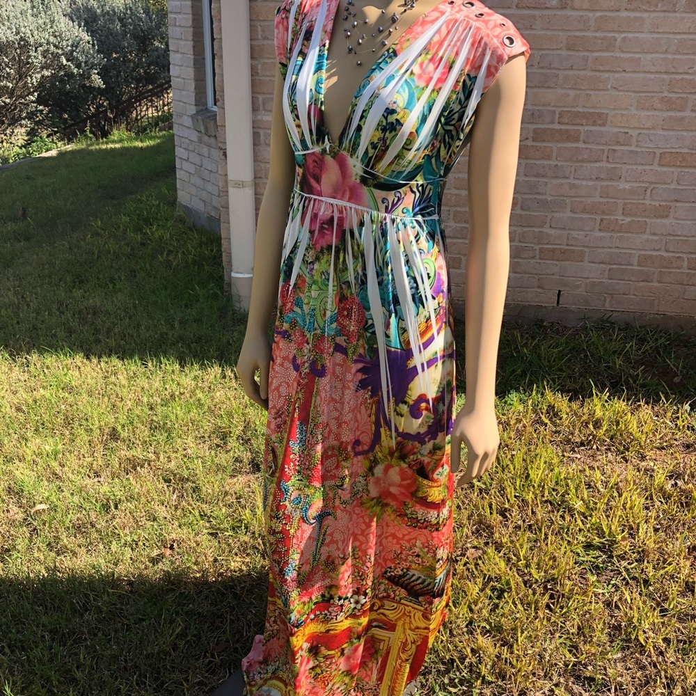 Coral Tapestry Cruise Wear Maxi Dress-L